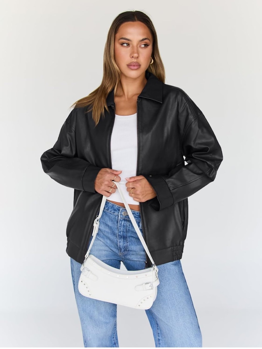 Classic Black Faux Leather Zip Jacket - Women